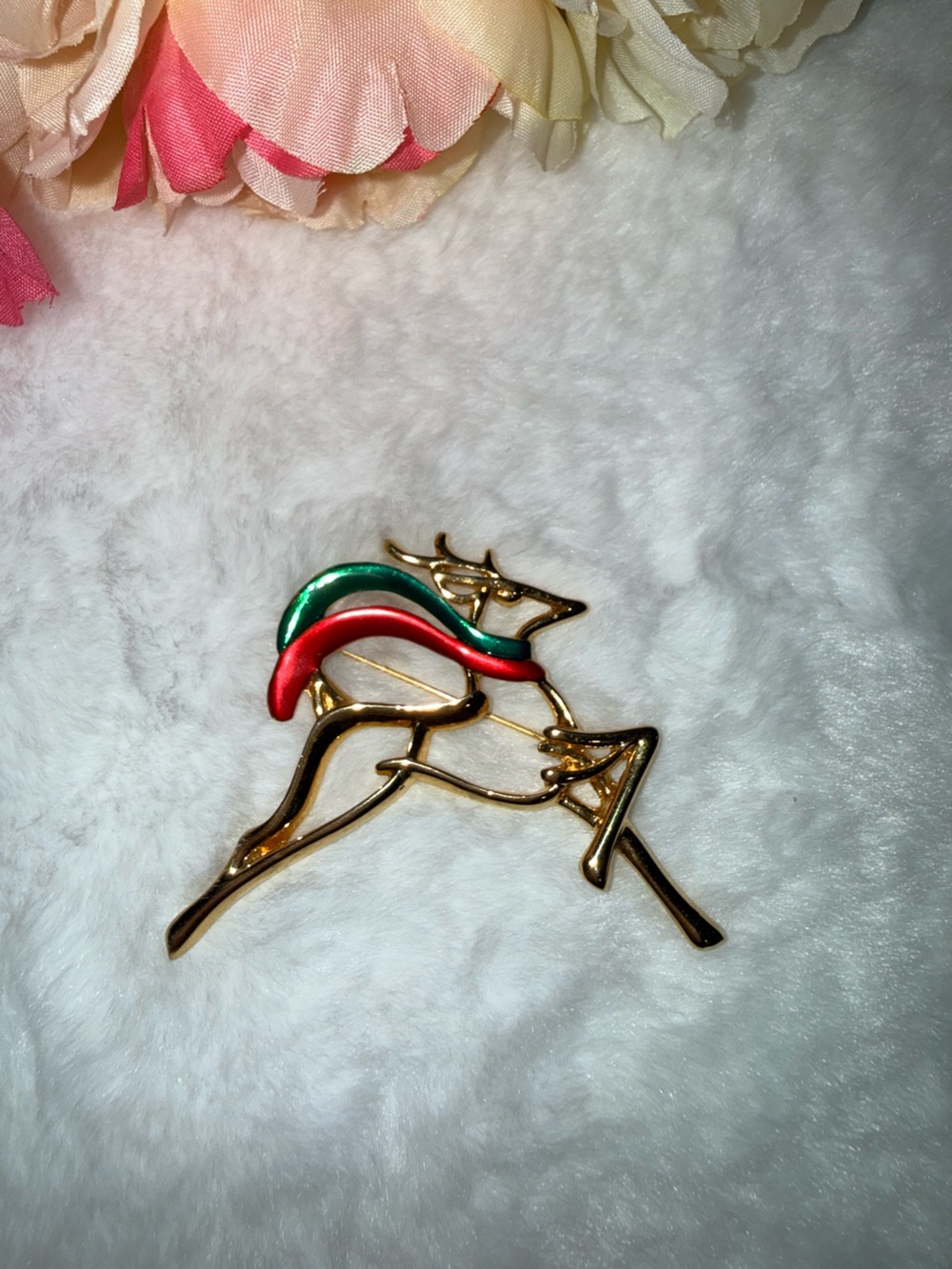 Vintage Danecraft Reindeer Brooch Red Green Enamel Gold Tones